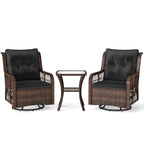 3 Pieces Patio Furniture Set PE Wicker Swivel Glider Chairs with 2-Tier Side Table and Cushions