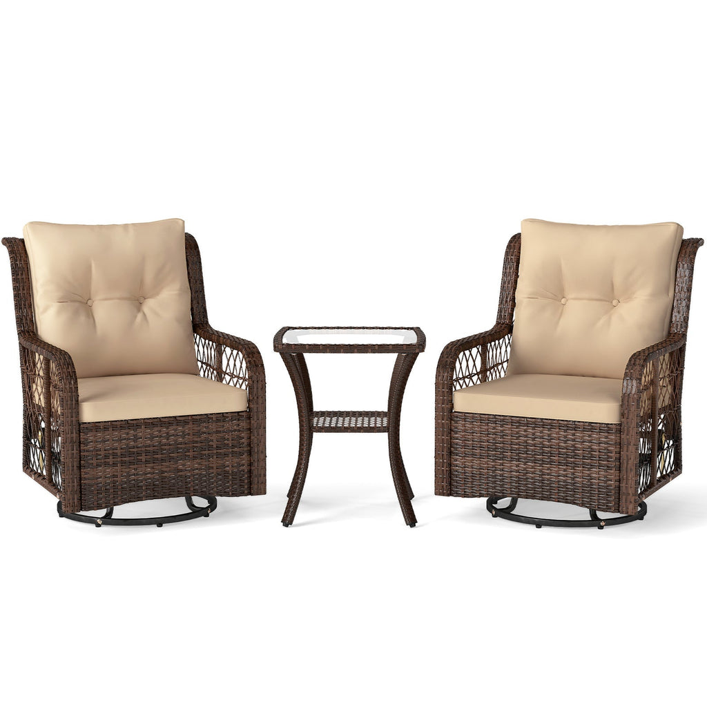 3 Pieces Patio Furniture Set PE Wicker Swivel Glider Chairs with 2-Tier Side Table and Cushions