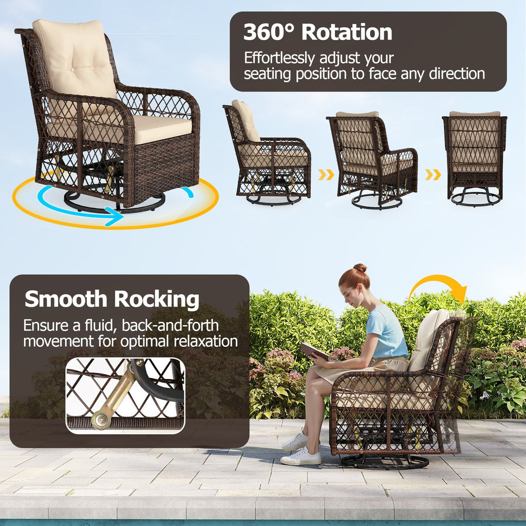 3 Pieces Patio Furniture Set PE Wicker Swivel Glider Chairs with 2-Tier Side Table and Cushions