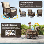 3 Pieces Patio Furniture Set PE Wicker Swivel Glider Chairs with 2-Tier Side Table and Cushions