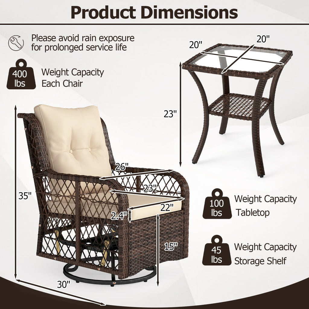 3 Pieces Patio Furniture Set PE Wicker Swivel Glider Chairs with 2-Tier Side Table and Cushions