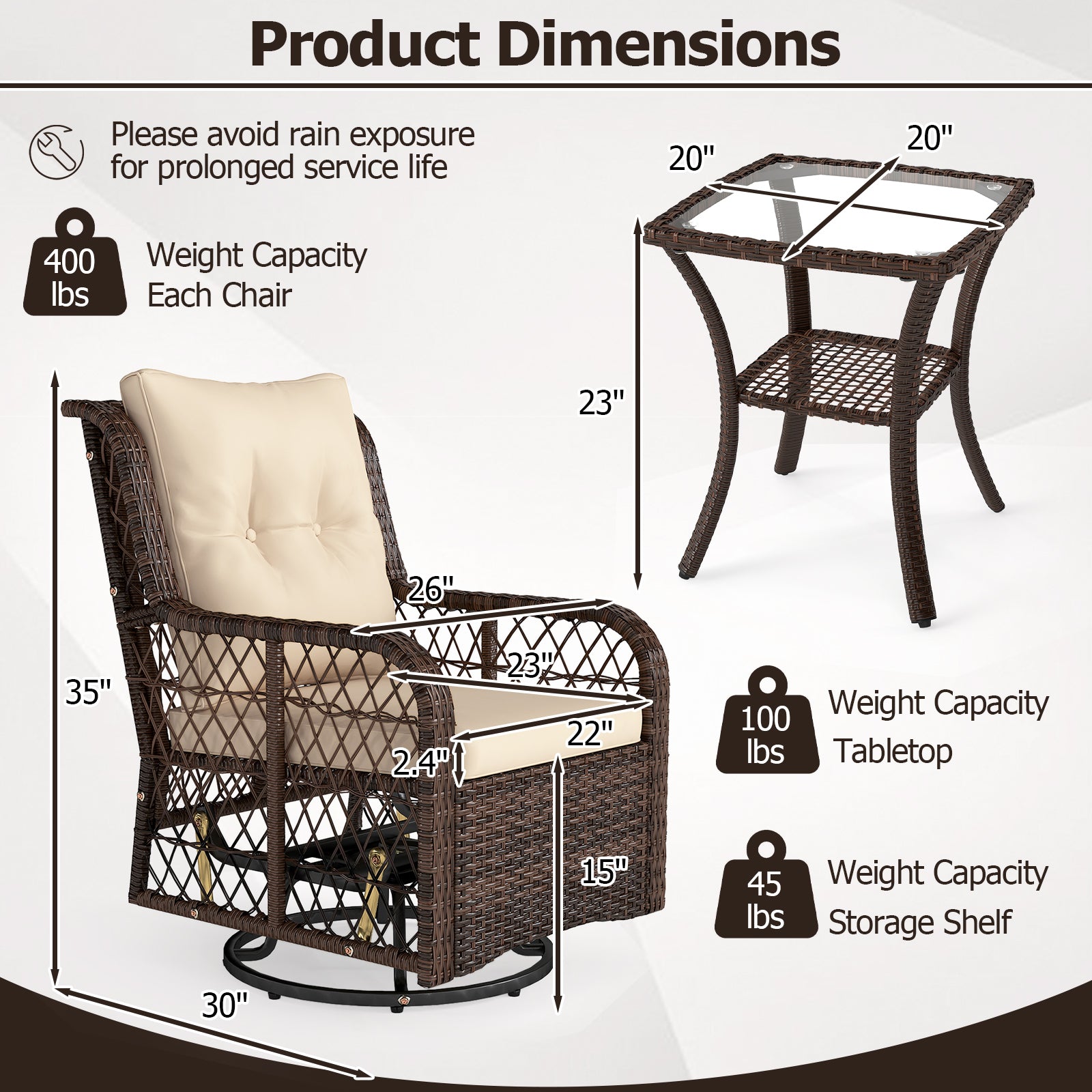 3 Pieces Patio Furniture Set PE Wicker Swivel Glider Chairs with 2-Tier Side Table and Cushions