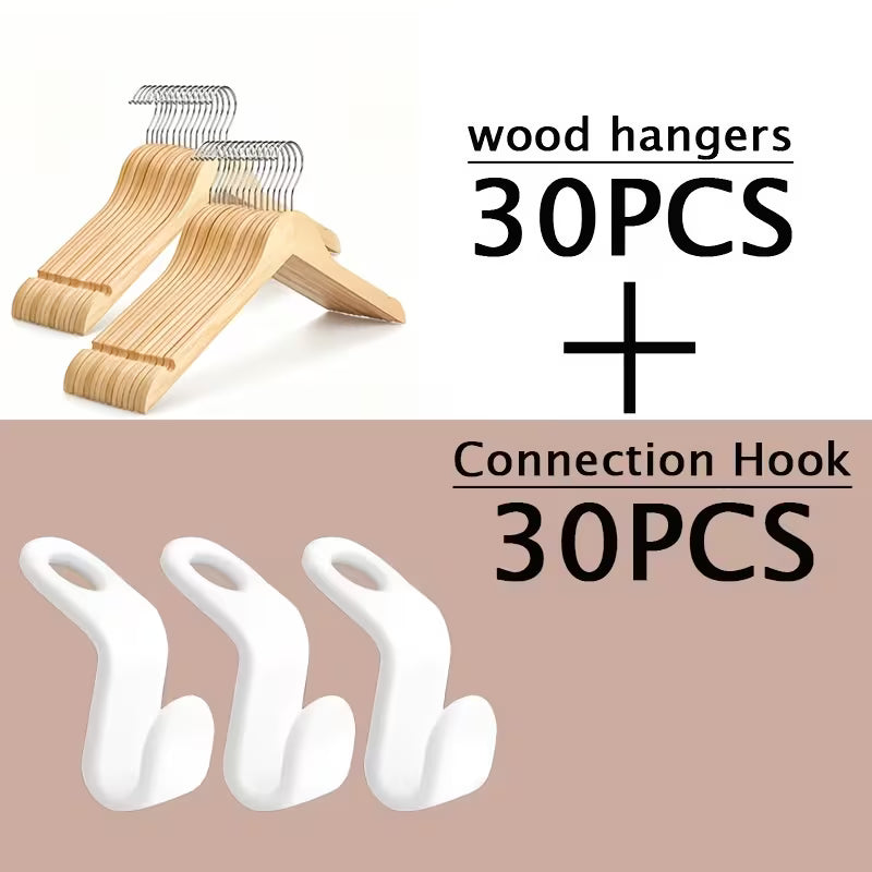 Solid Wood Clothes Hangers Set with Connector Hooks