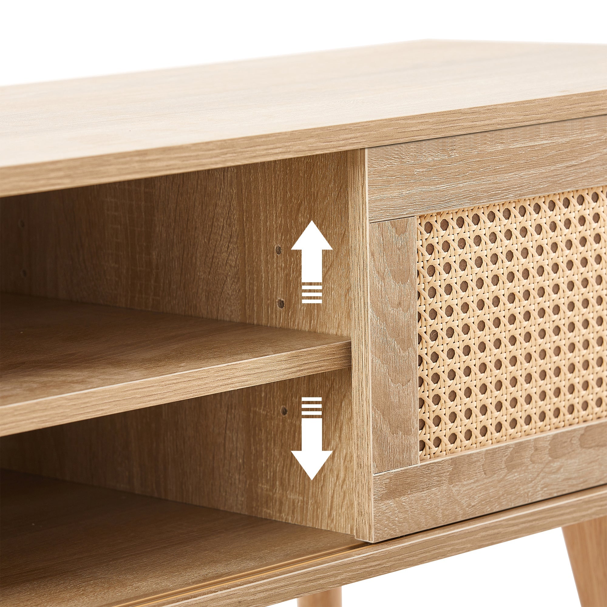 55.12" Rattan TV cabinet double sliding doors for storage adjustable shelf solid wood legs TV console for living room natural