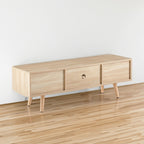 55.12" Rattan TV cabinet double sliding doors for storage adjustable shelf solid wood legs TV console for living room natural