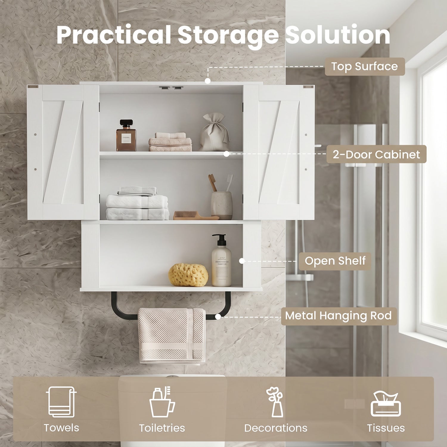 Bathroom Wall Cabinet with Barn Doors and Towel Bar