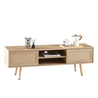 55.12" Rattan TV cabinet double sliding doors for storage adjustable shelf solid wood legs TV console for living room natural