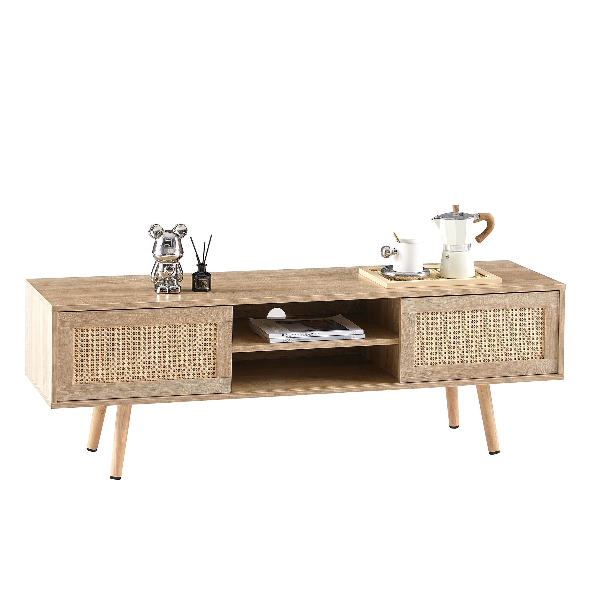 55.12" Rattan TV cabinet double sliding doors for storage adjustable shelf solid wood legs TV console for living room natural