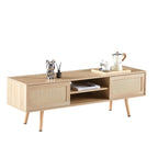 55.12" Rattan TV cabinet double sliding doors for storage adjustable shelf solid wood legs TV console for living room natural