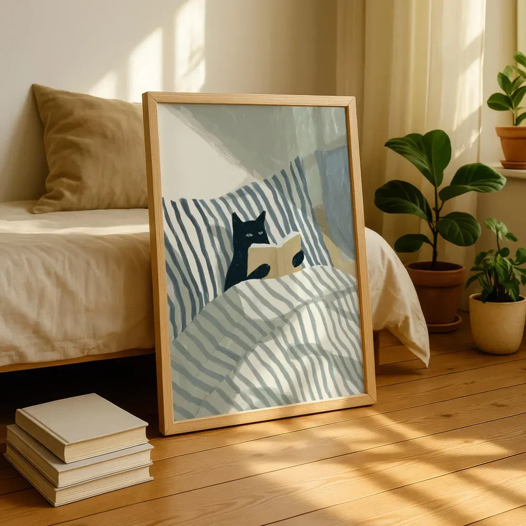 Cat Reading Print – Black Cat Wall Art, Cosy Bedroom Poster, Book Lover Cat Illustration, Cat in Bed Print, Reading Decor, Cat B
