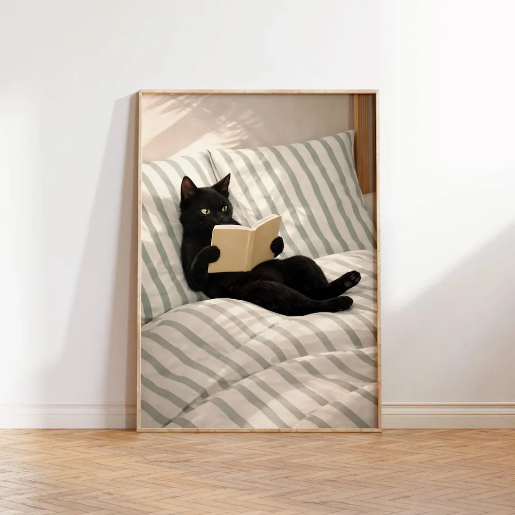 Cat Reading Print – Black Cat Wall Art, Cosy Bedroom Poster, Book Lover Cat Illustration, Cat in Bed Print, Reading Decor, Cat B