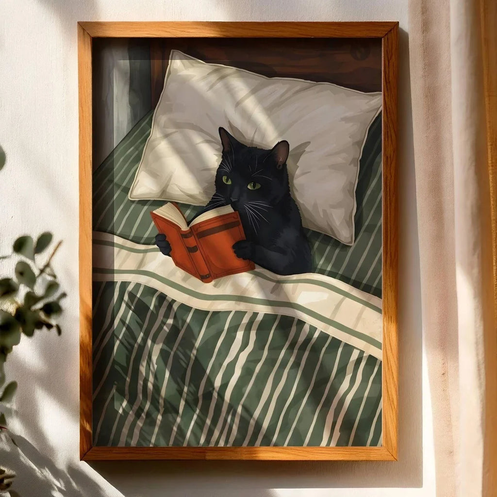 Cat Reading Print – Black Cat Wall Art, Cosy Bedroom Poster, Book Lover Cat Illustration, Cat in Bed Print, Reading Decor, Cat B