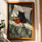 Cat Reading Print – Black Cat Wall Art, Cosy Bedroom Poster, Book Lover Cat Illustration, Cat in Bed Print, Reading Decor, Cat B