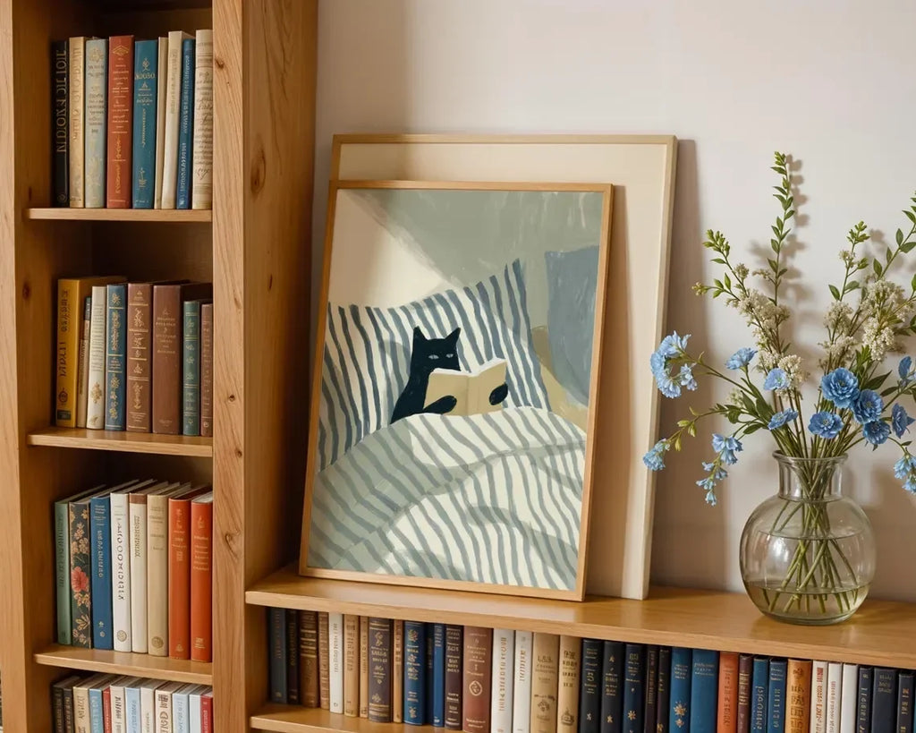 Cat Reading Print – Black Cat Wall Art, Cosy Bedroom Poster, Book Lover Cat Illustration, Cat in Bed Print, Reading Decor, Cat B