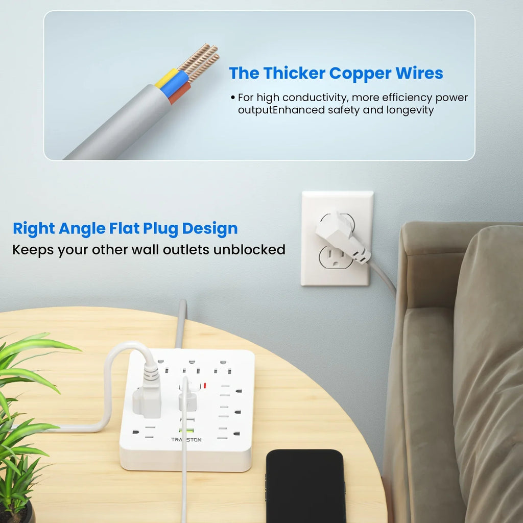power strip Power Outlet with Surge Protector, 9 ac, 3 USB Ports, 10-Foot Extension Cord, Quick Charge, for Home and Office