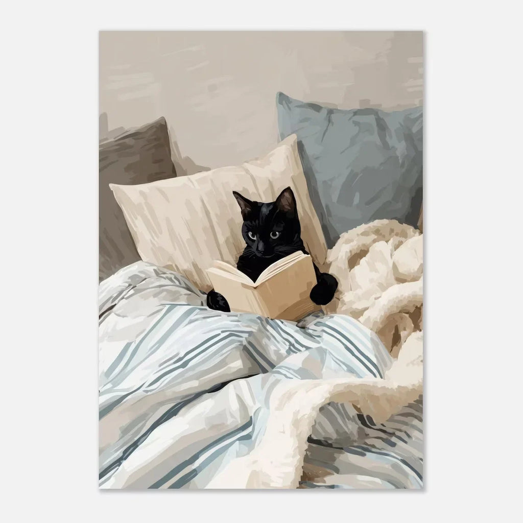 Cat Reading Print – Black Cat Wall Art, Cosy Bedroom Poster, Book Lover Cat Illustration, Cat in Bed Print, Reading Decor, Cat B