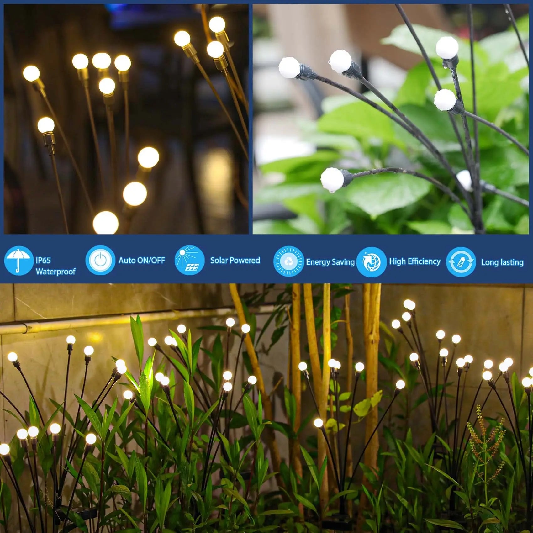 6/8/10 LED Solar Powered Garden Lights Firefly Lights Outdoor Waterproof Vibrant Swaying Lights for Patio Pathway Decoration