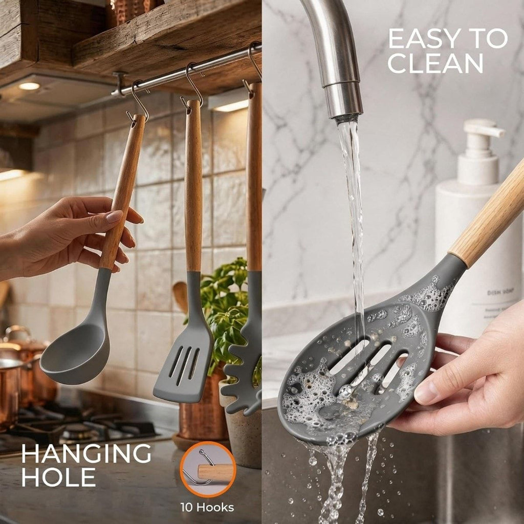 33-Piece Silicone Kitchen Utensils Set with Wooden Handles
