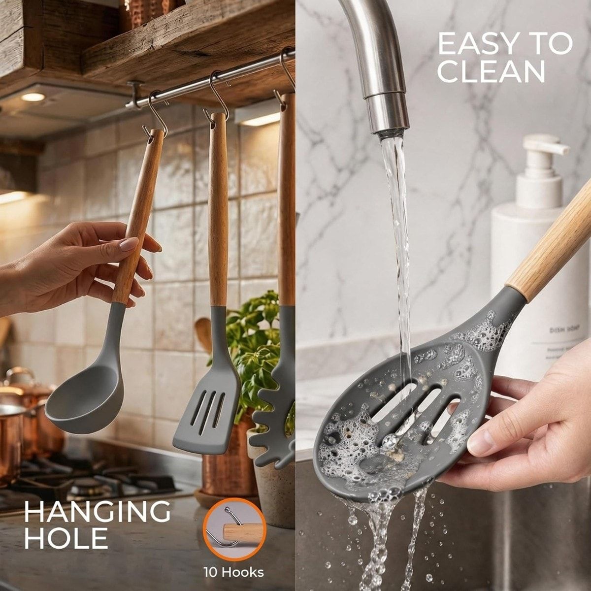 33-Piece Silicone Kitchen Utensils Set with Wooden Handles