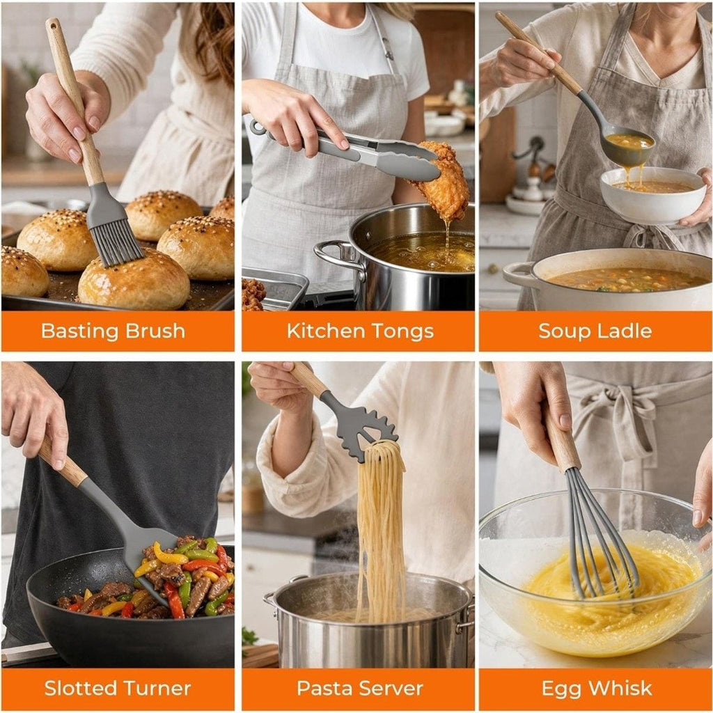 33-Piece Silicone Kitchen Utensils Set with Wooden Handles